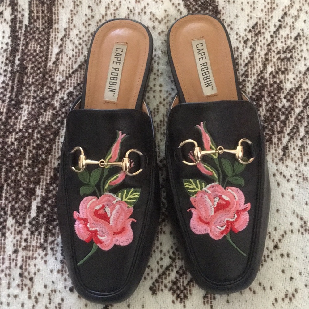 Black floral slip ons